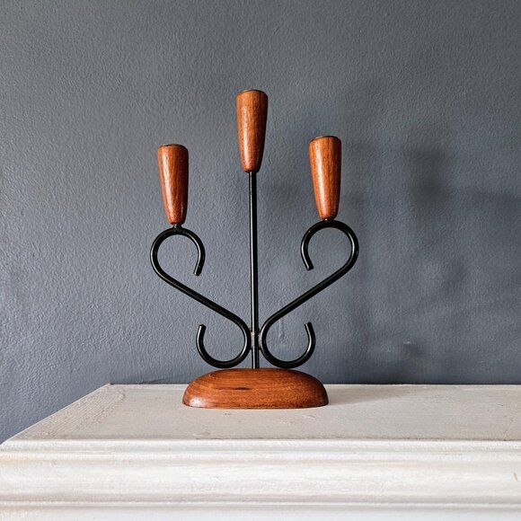 Danish Teak Three Arm Candleholder Luthje Denmark Modernist Brass Metal and Wood - Picture 1 of 10